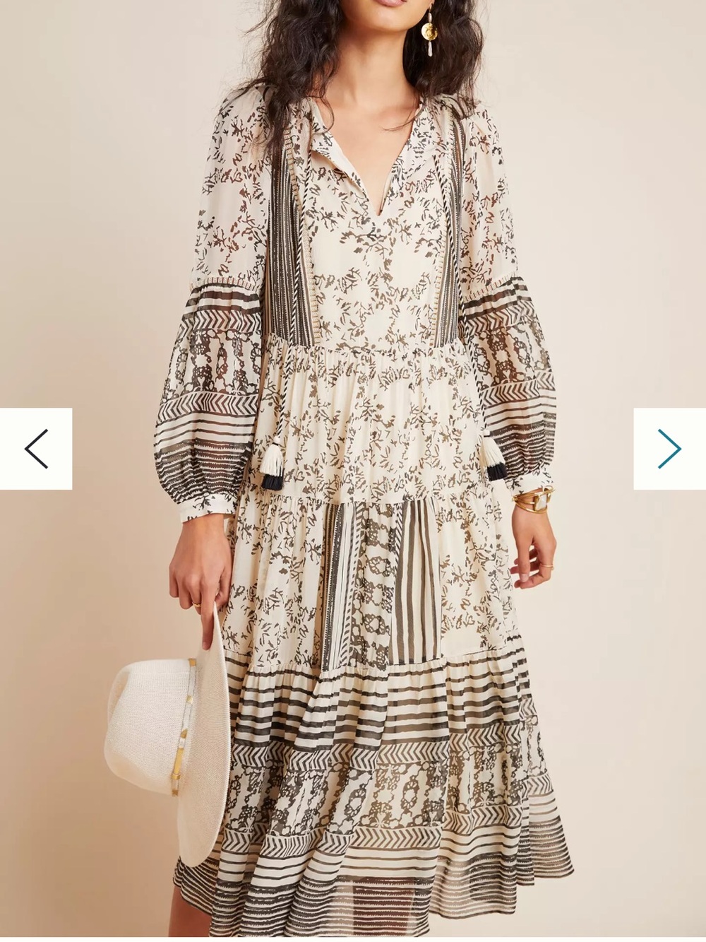 Anthropologie Cream & Black Floral Maxi Dress with Tassels XS - Picture 8 of 9